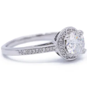 8mm Round Center and Diamond Pave and Shoulder 18K White Gold Ring
