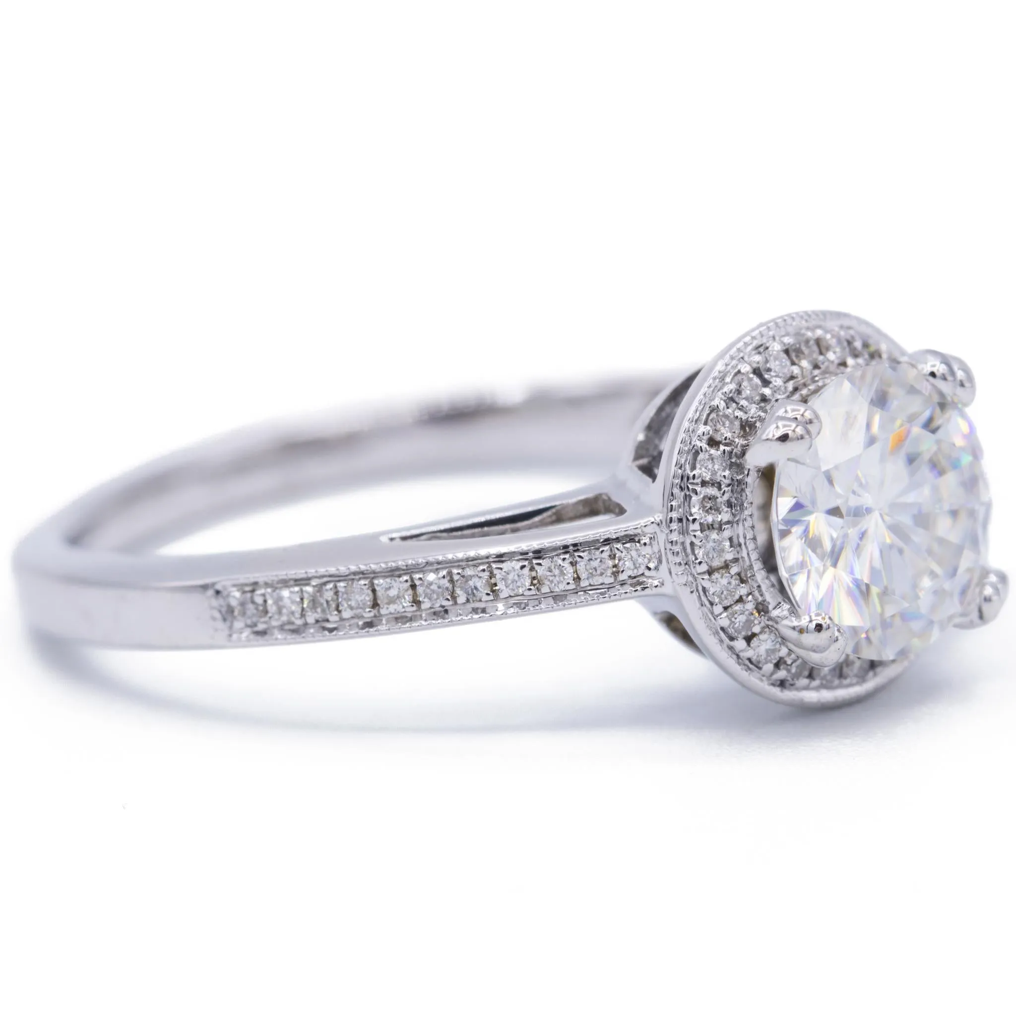 8mm Round Center and Diamond Pave and Shoulder 18K White Gold Ring