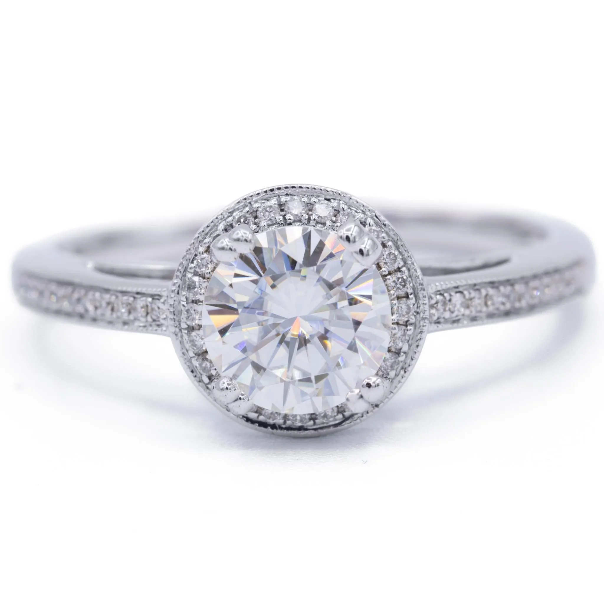 8mm Round Center and Diamond Pave and Shoulder 18K White Gold Ring