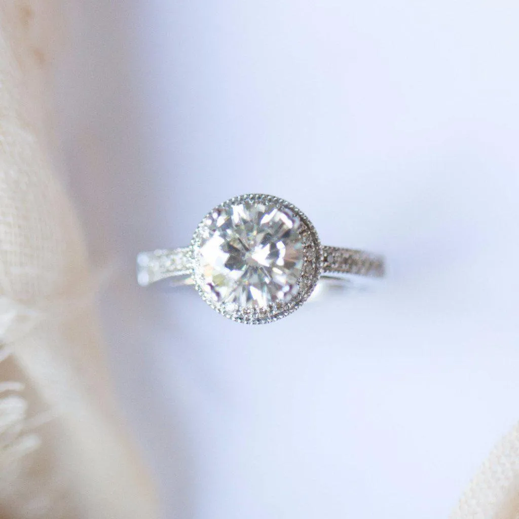 8mm Round Center and Diamond Pave and Shoulder 18K White Gold Ring