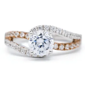 8mm Round Center Two Tone 14K White and Rose Solid Gold Diamond Split Bypass Shank Design Ring