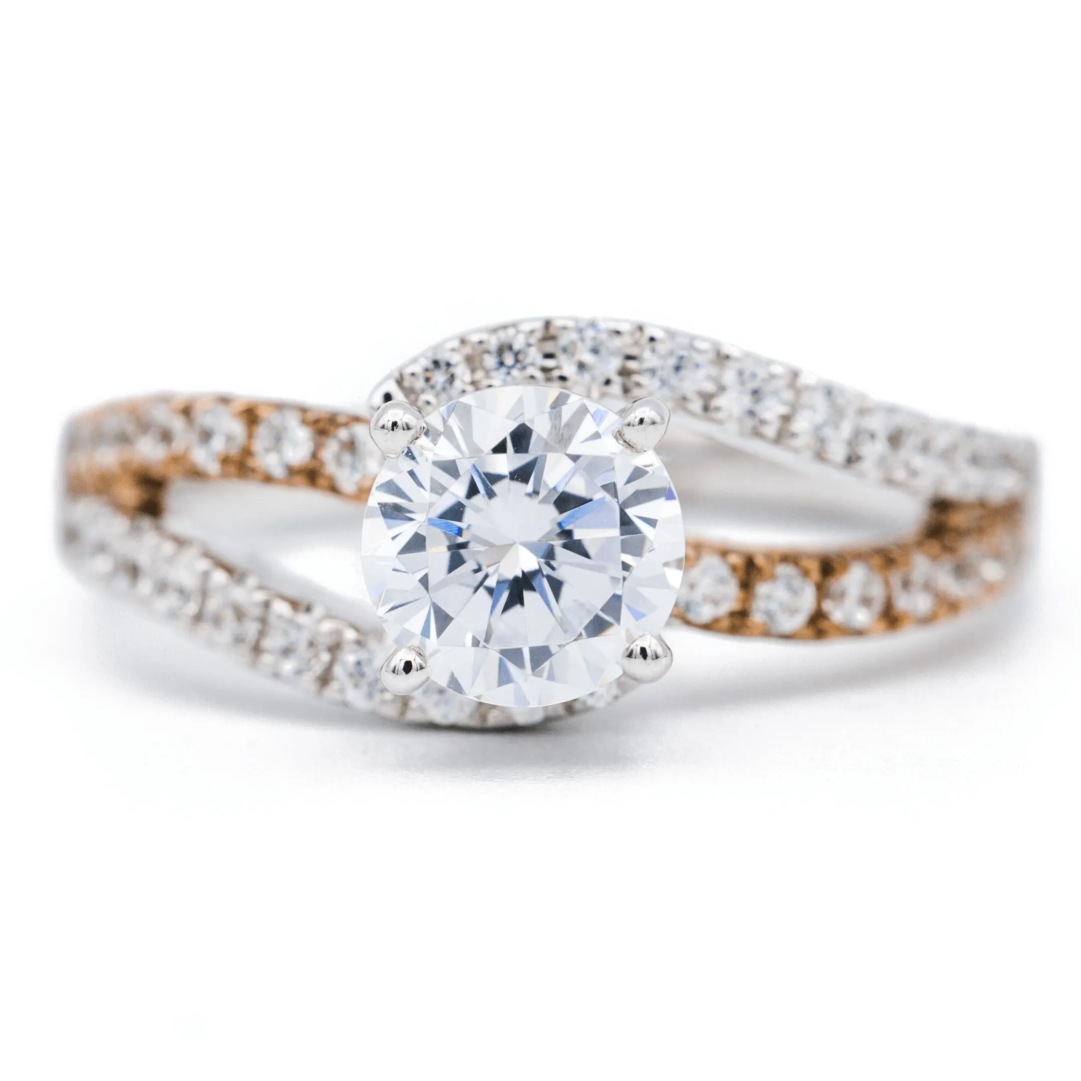 8mm Round Center Two Tone 14K White and Rose Solid Gold Diamond Split Bypass Shank Design Ring