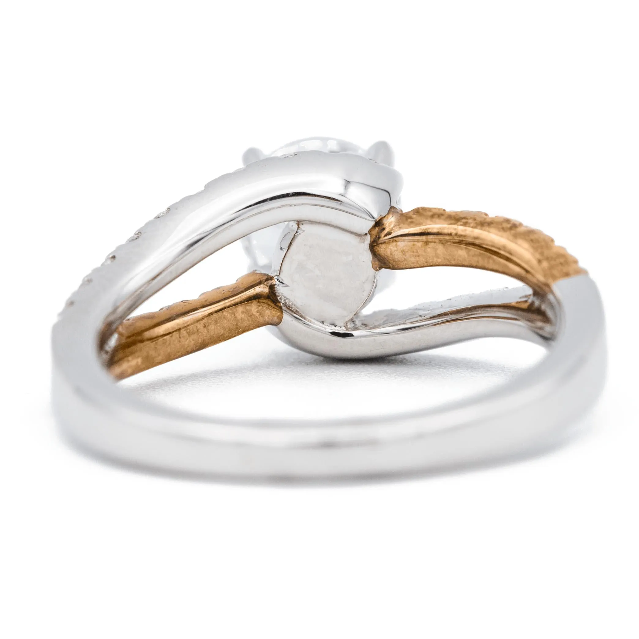 8mm Round Center Two Tone 14K White and Rose Solid Gold Diamond Split Bypass Shank Design Ring