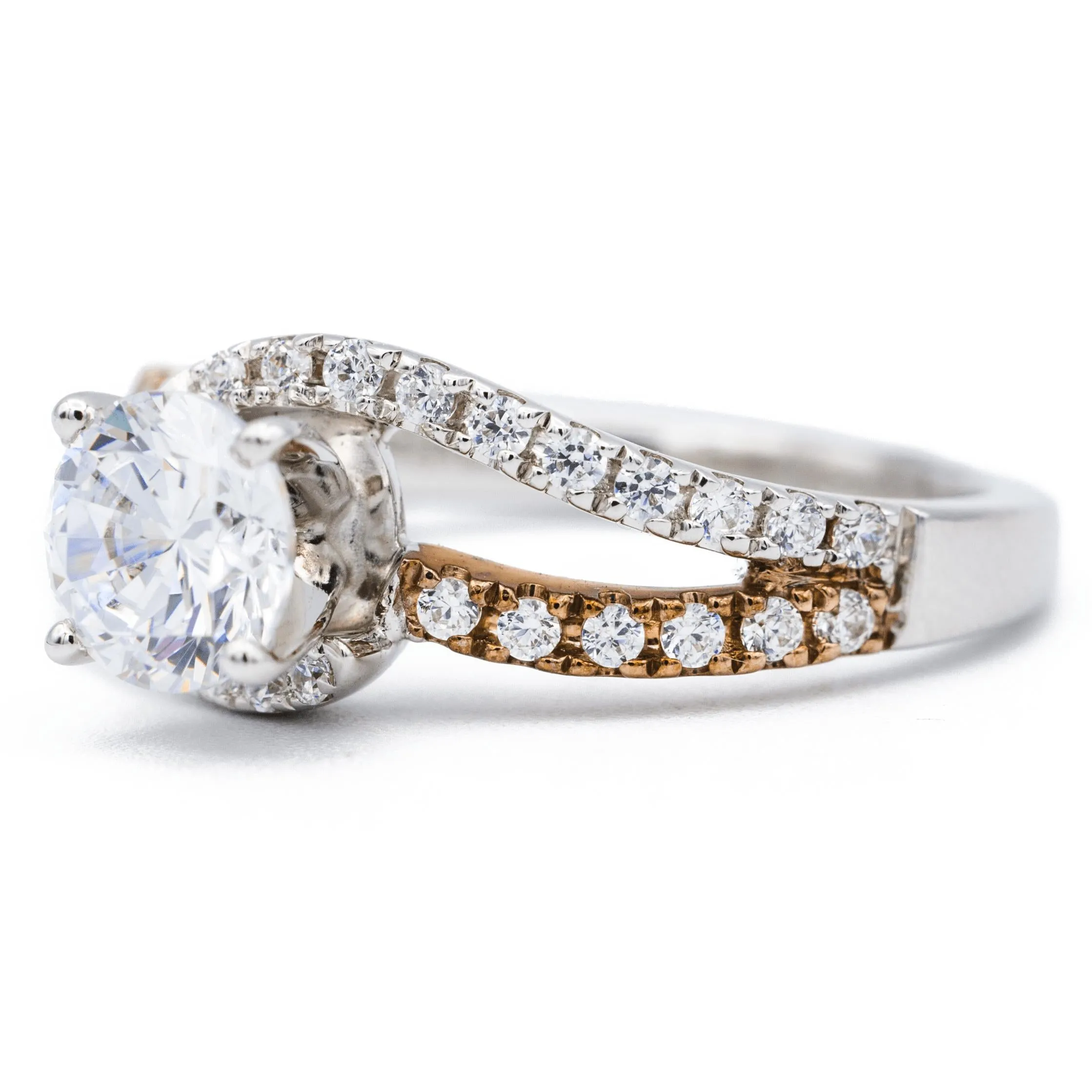 8mm Round Center Two Tone 14K White and Rose Solid Gold Diamond Split Bypass Shank Design Ring