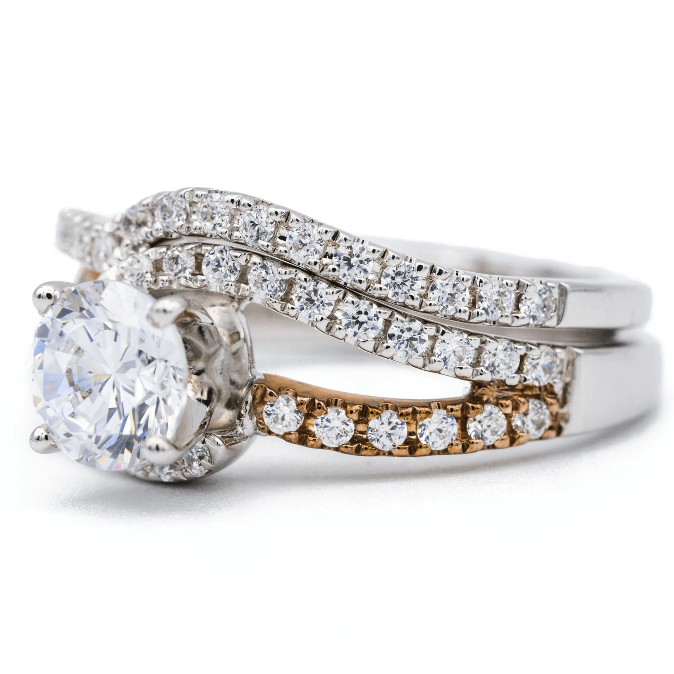 8mm Round Center Two Tone 14K White and Rose Solid Gold Diamond Split Bypass Shank Design Ring