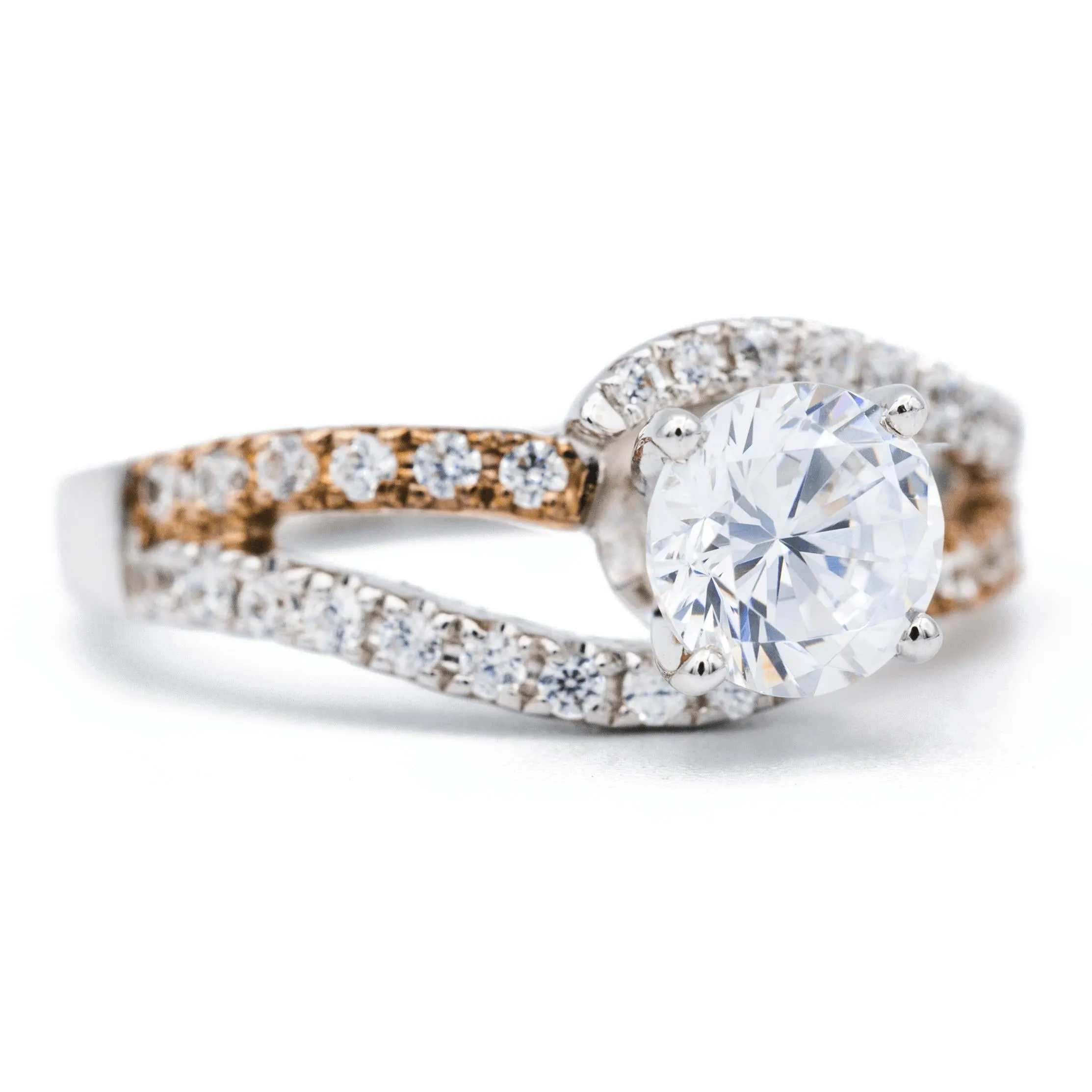 8mm Round Center Two Tone 14K White and Rose Solid Gold Diamond Split Bypass Shank Design Ring