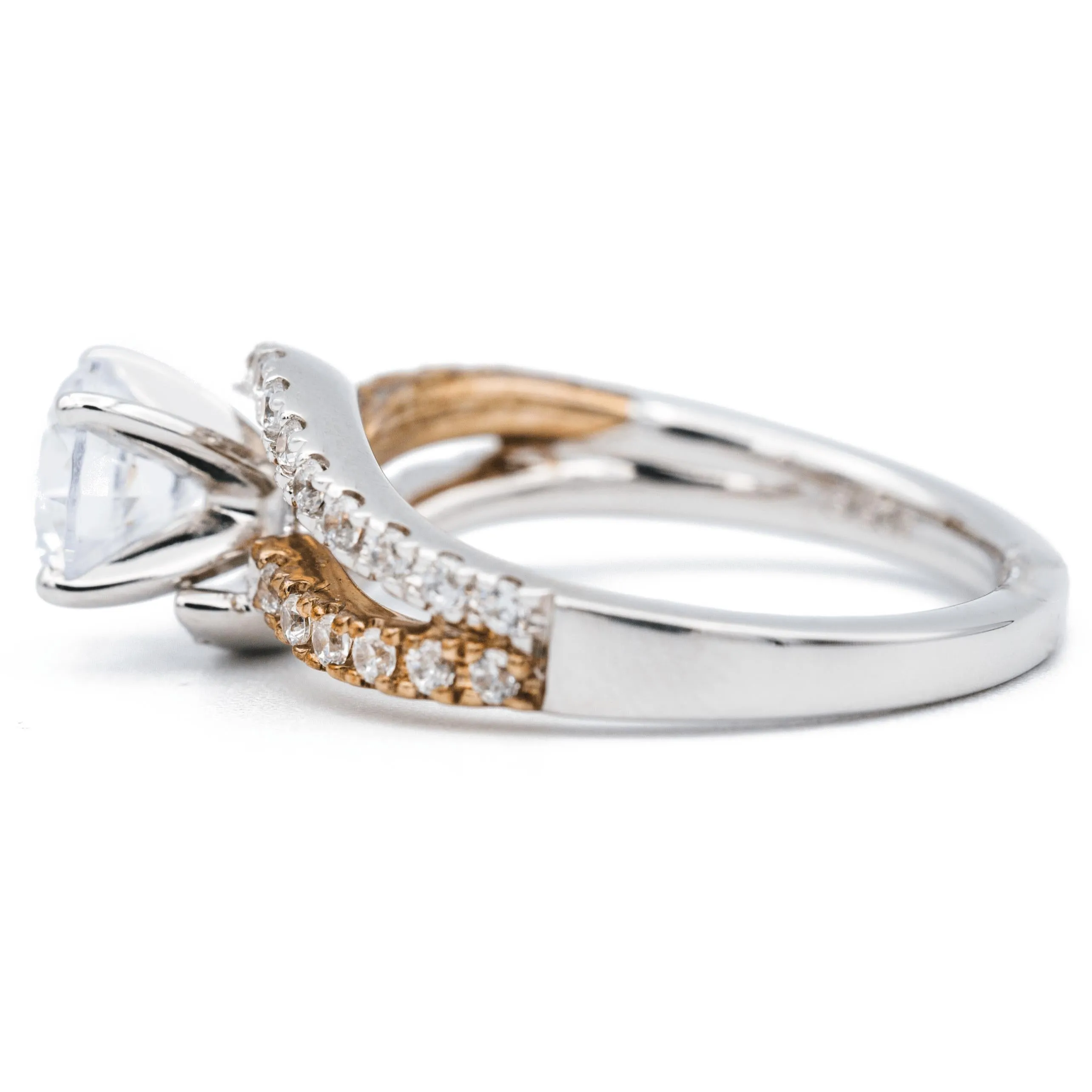 8mm Round Center Two Tone 14K White and Rose Solid Gold Diamond Split Bypass Shank Design Ring