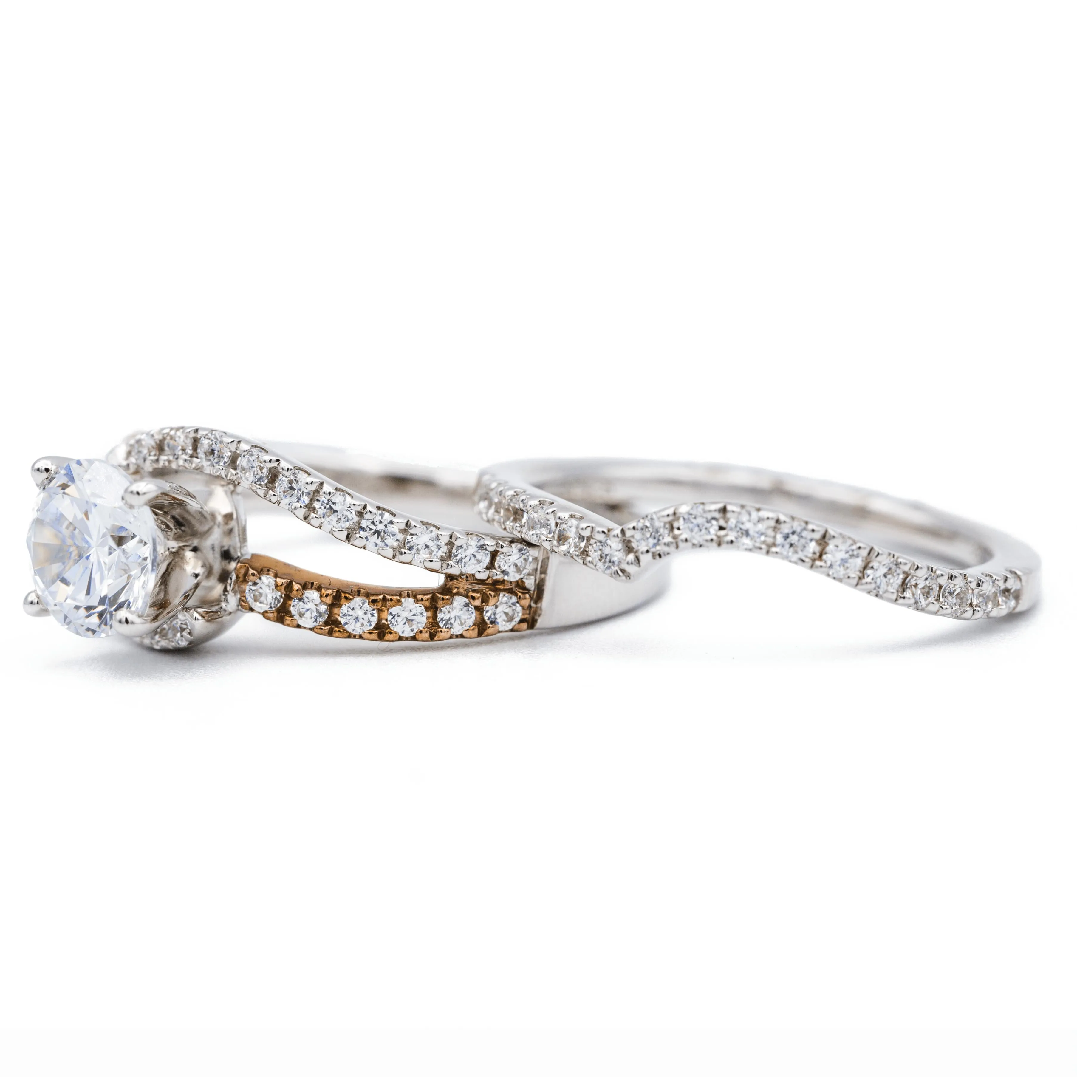 8mm Round Center Two Tone 14K White and Rose Solid Gold Diamond Split Bypass Shank Design Ring