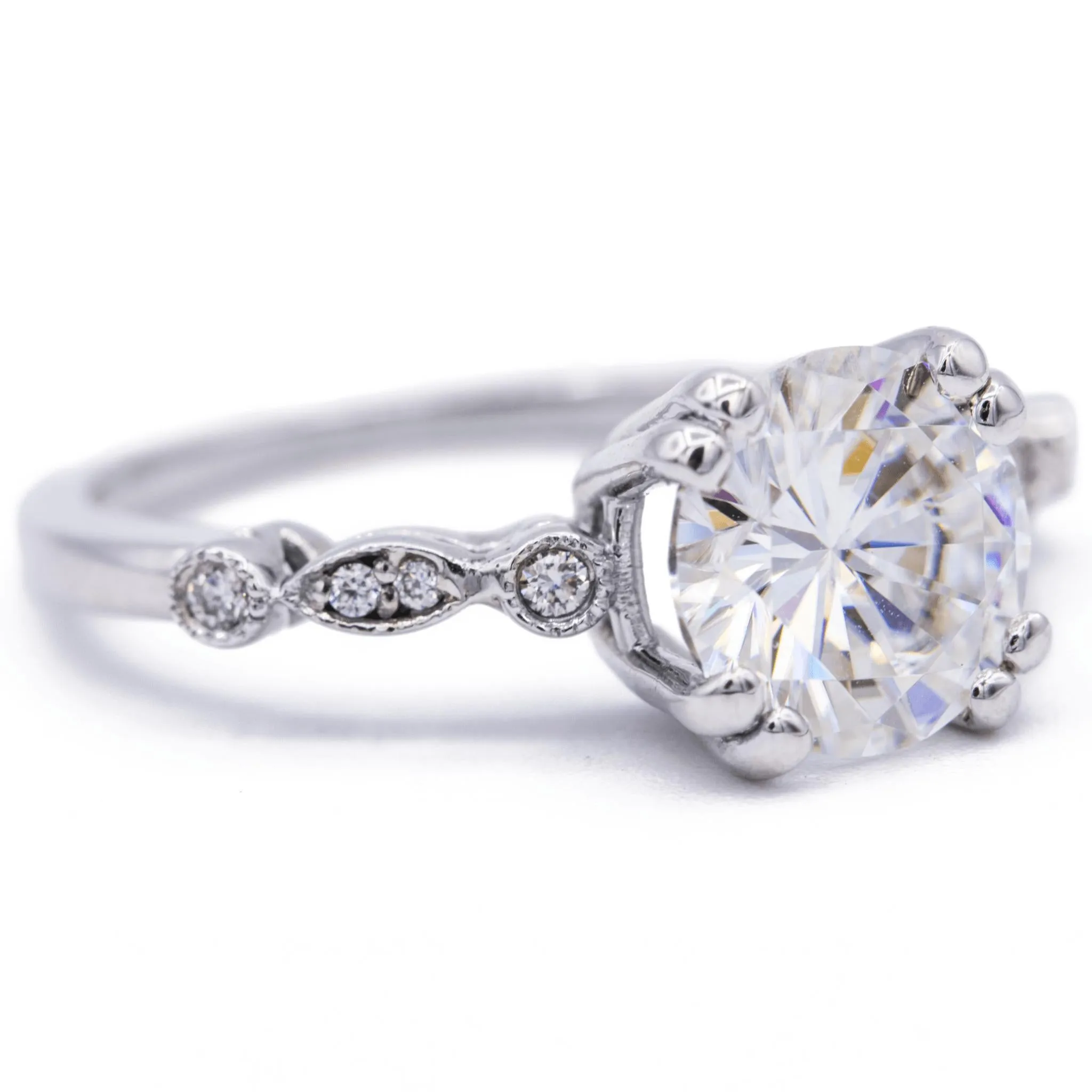 8mm Round Moissanite Milgrain Diamond Bezel 4 Double Prong Ring