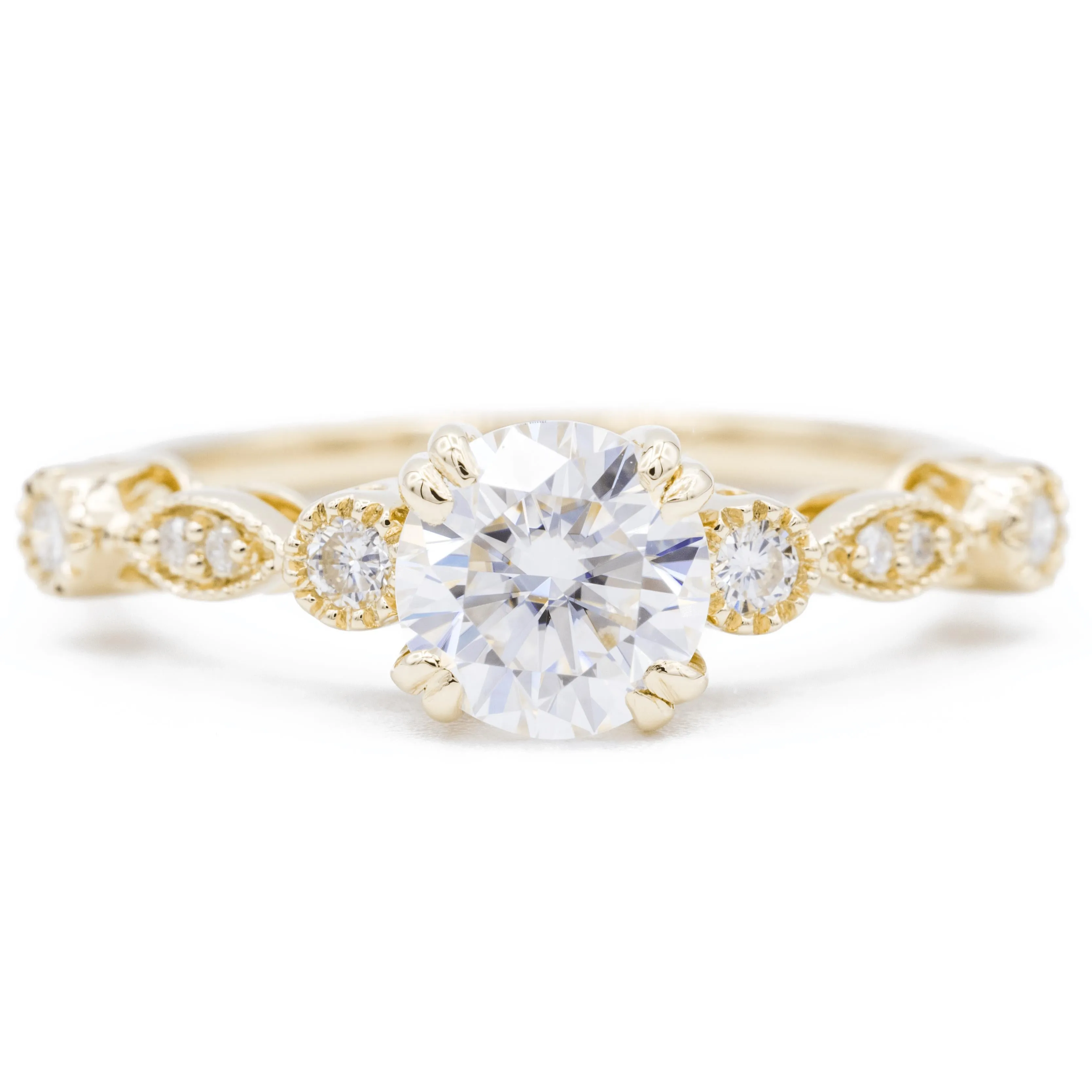 8mm Round Moissanite Milgrain Diamond Bezel 4 Double Prong Ring