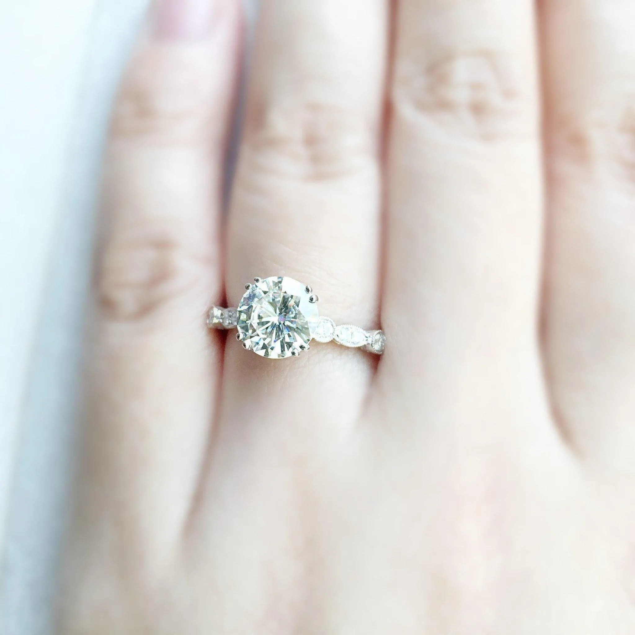 8mm Round Moissanite Milgrain Diamond Bezel 4 Double Prong Ring