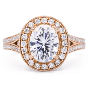 8x6mm Oval Center 14K Rose Gold Milgrain Halo & Split Diamond Shank Ring