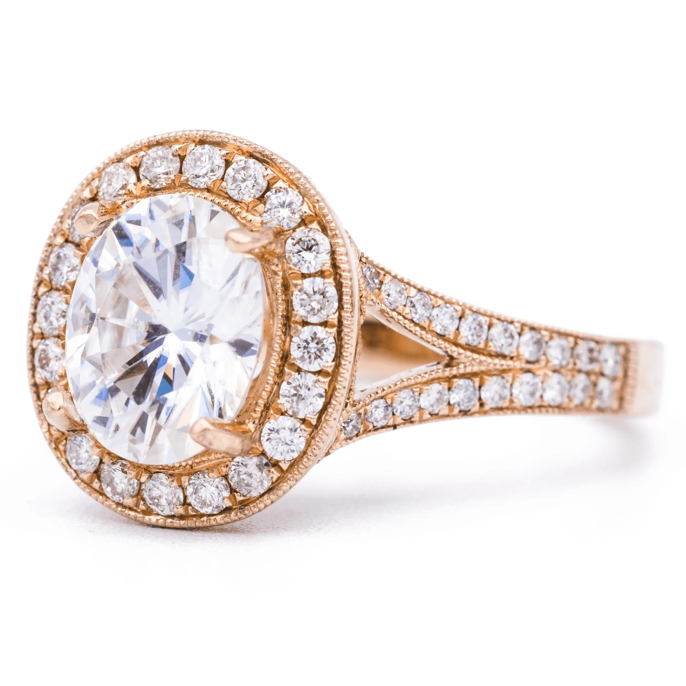 8x6mm Oval Center 14K Rose Gold Milgrain Halo & Split Diamond Shank Ring