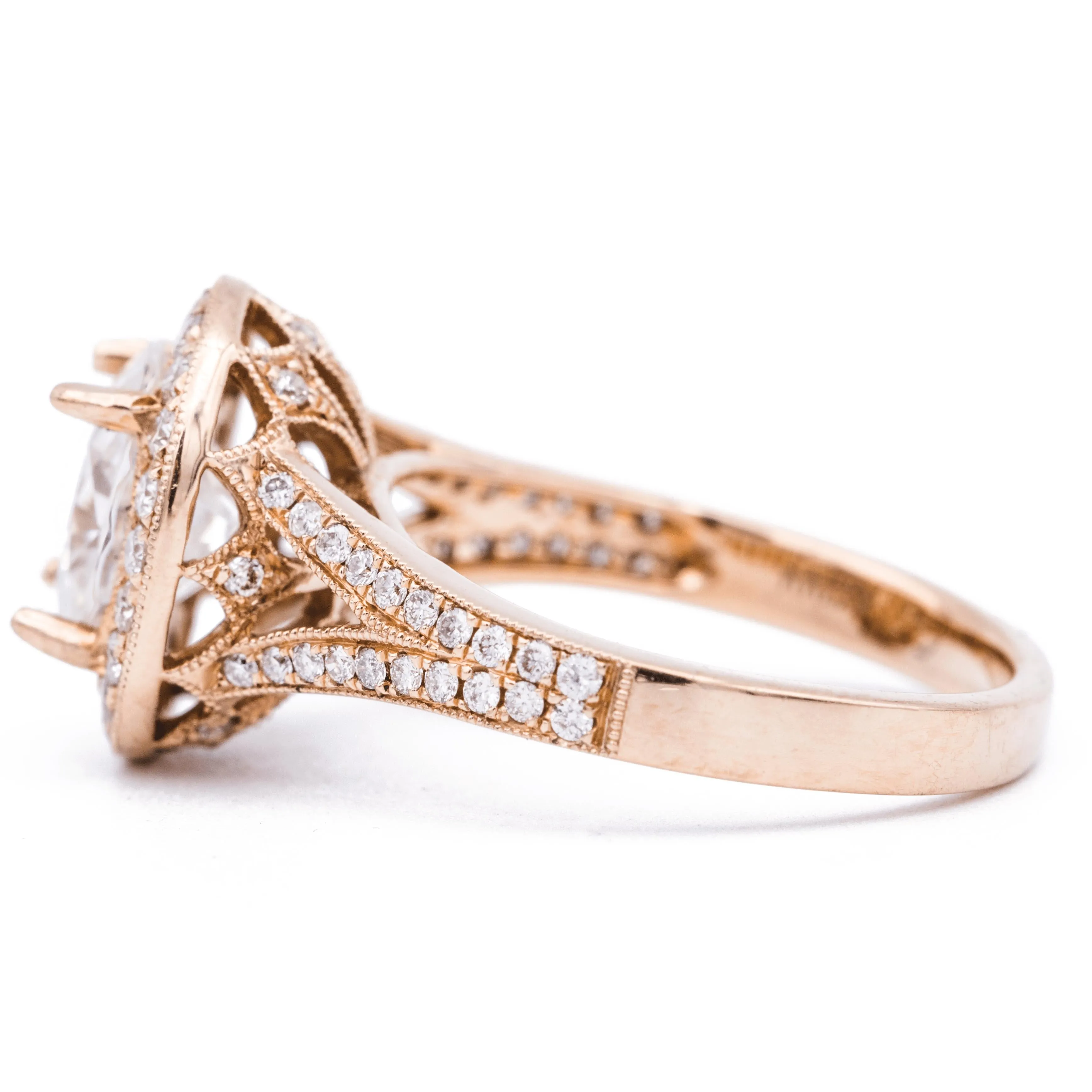 8x6mm Oval Center 14K Rose Gold Milgrain Halo & Split Diamond Shank Ring