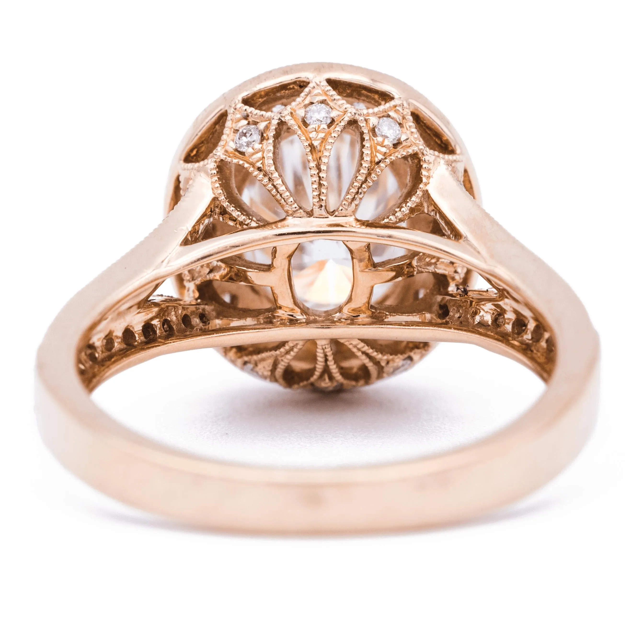 8x6mm Oval Center 14K Rose Gold Milgrain Halo & Split Diamond Shank Ring