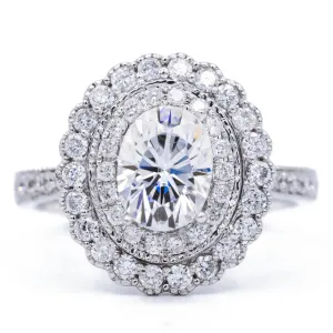 8x6mm Oval Center 14K White Gold Migrain Double Halo Heirloom Ring