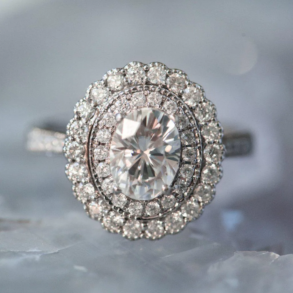 8x6mm Oval Center 14K White Gold Migrain Double Halo Heirloom Ring