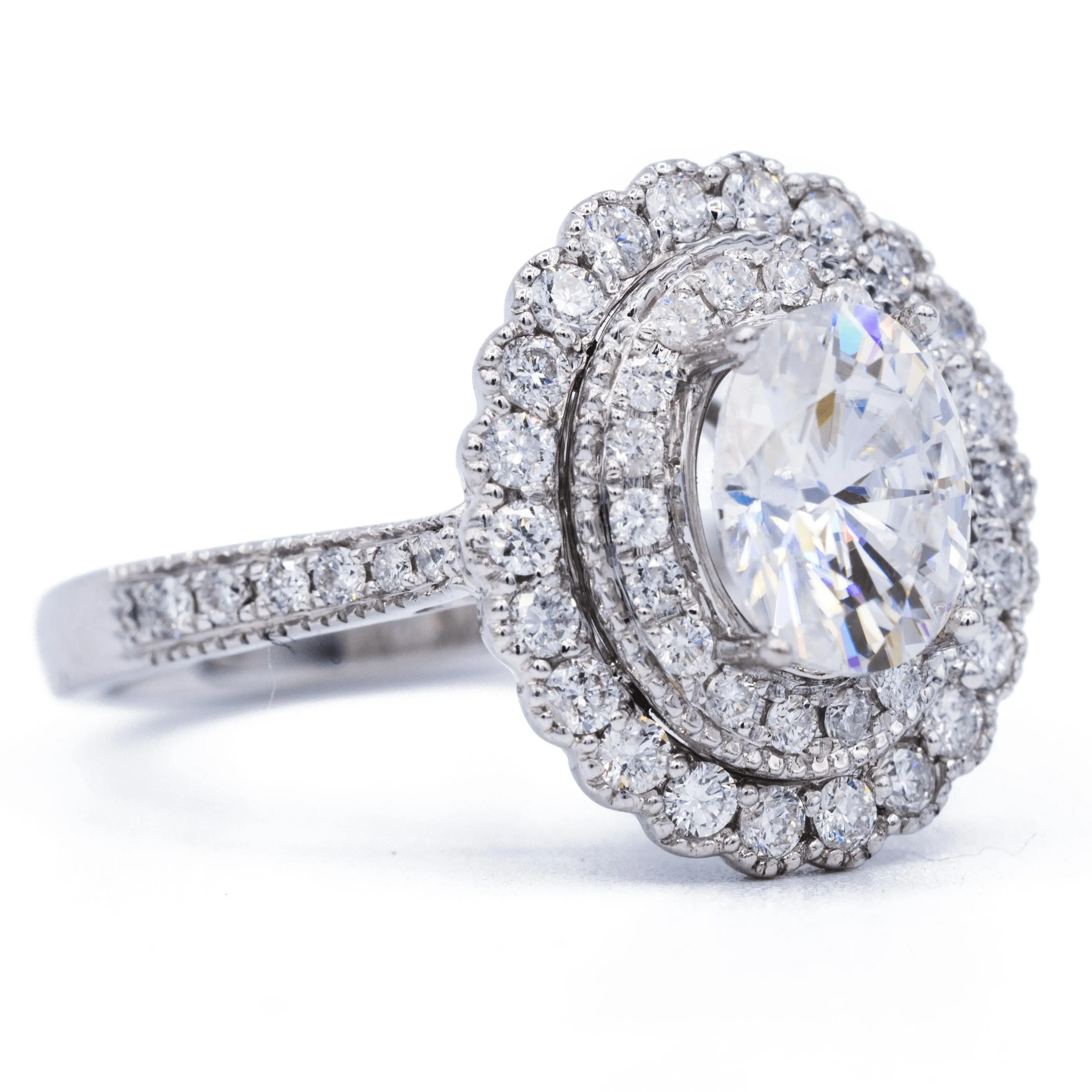 8x6mm Oval Center 14K White Gold Migrain Double Halo Heirloom Ring