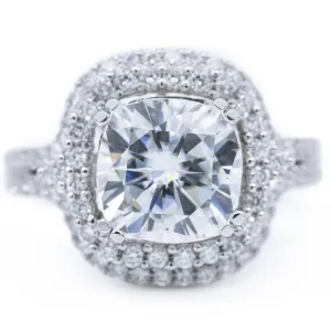 9mm Cushion Center 14K White Gold Double Halo and Diamond Row Ring