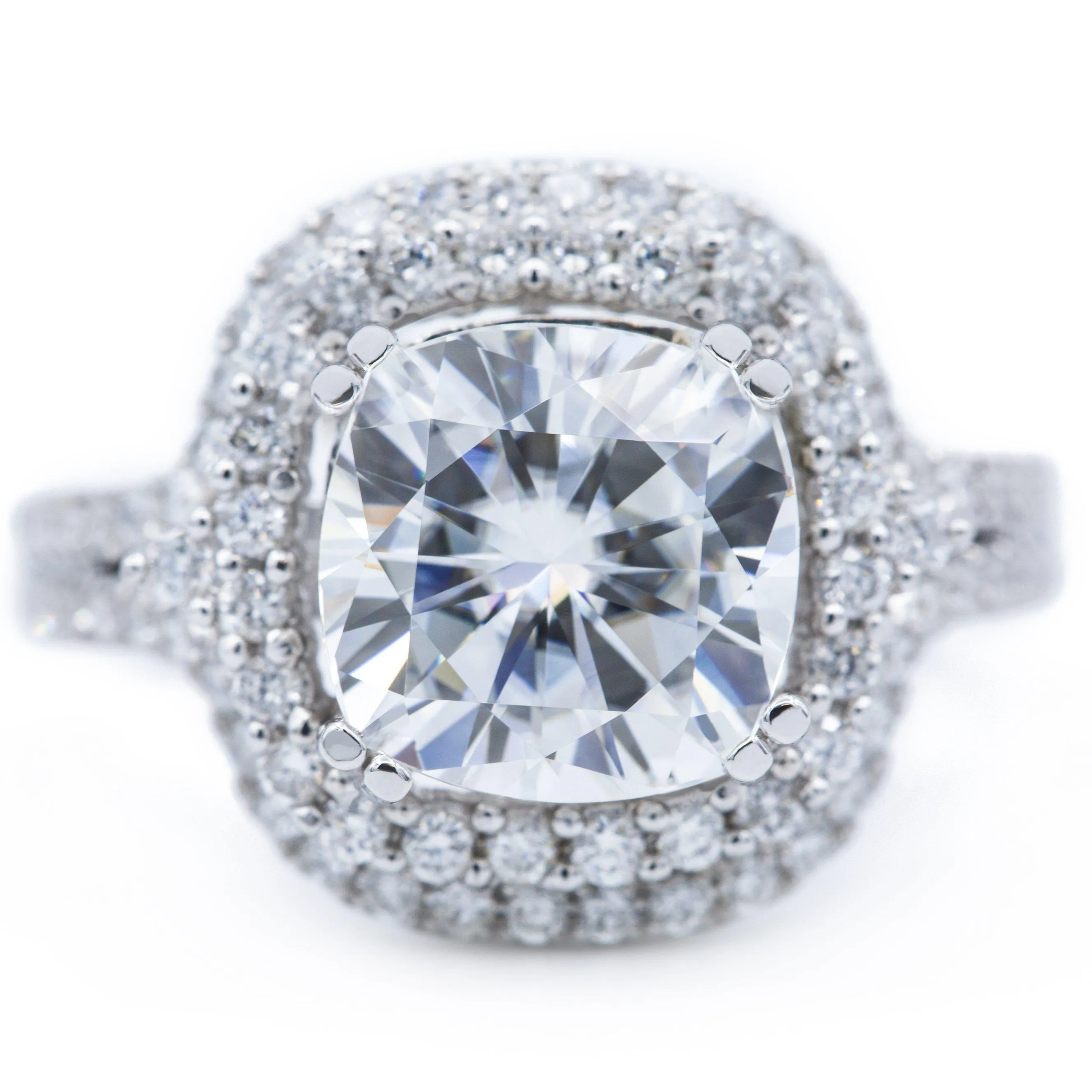 9mm Cushion Center 14K White Gold Double Halo and Diamond Row Ring