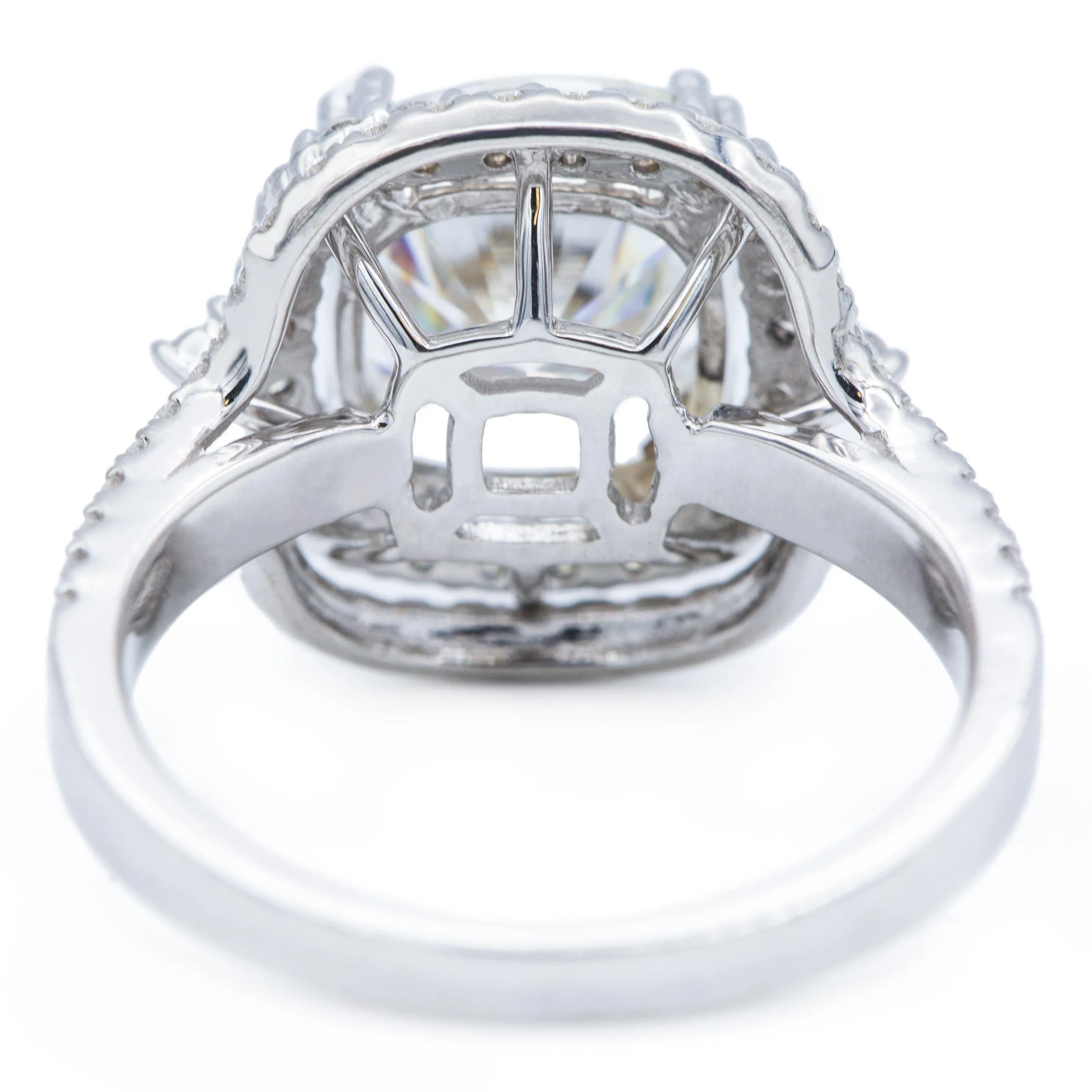9mm Cushion Center 14K White Gold Double Halo and Diamond Row Ring