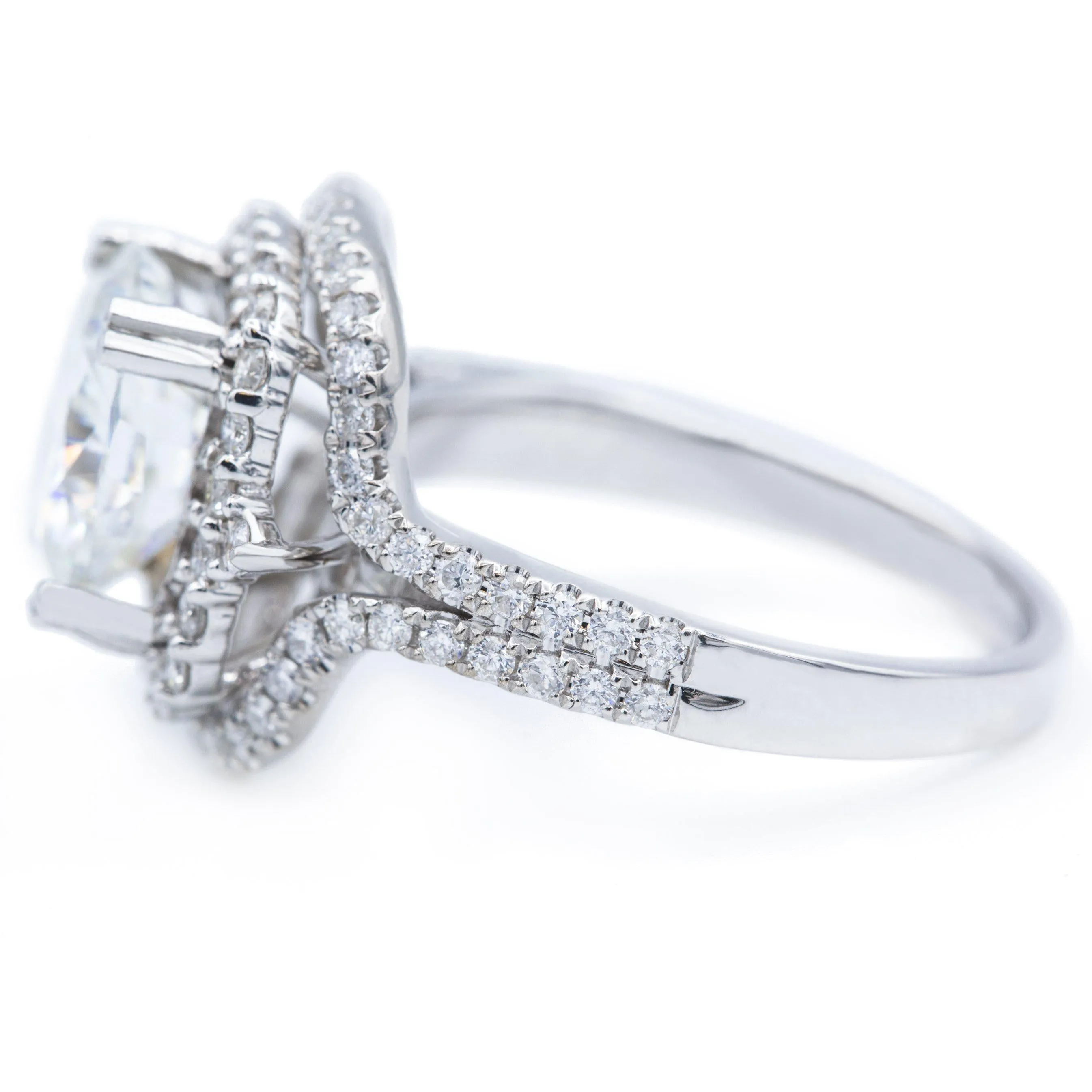 9mm Cushion Center 14K White Gold Double Halo and Diamond Row Ring