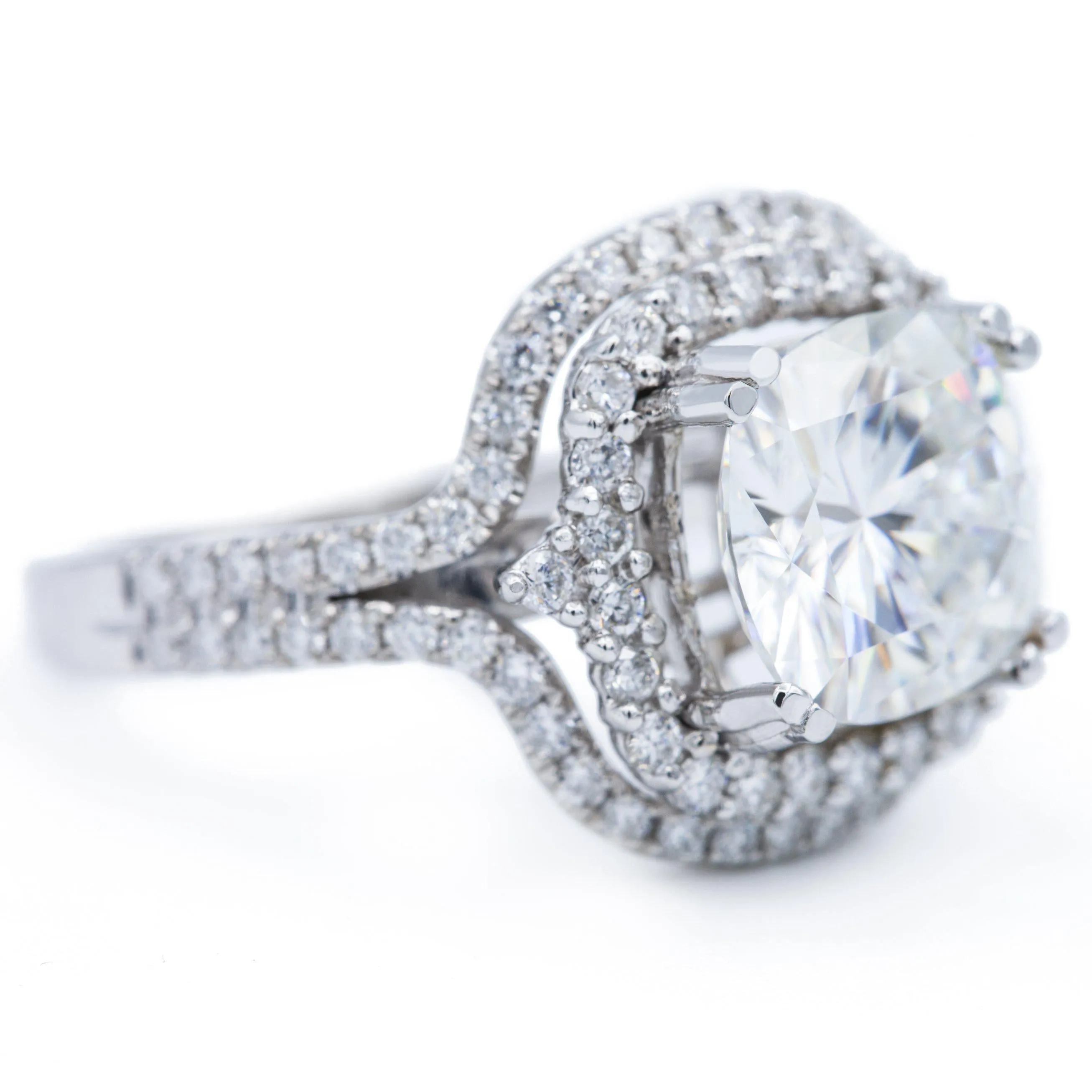 9mm Cushion Center 14K White Gold Double Halo and Diamond Row Ring