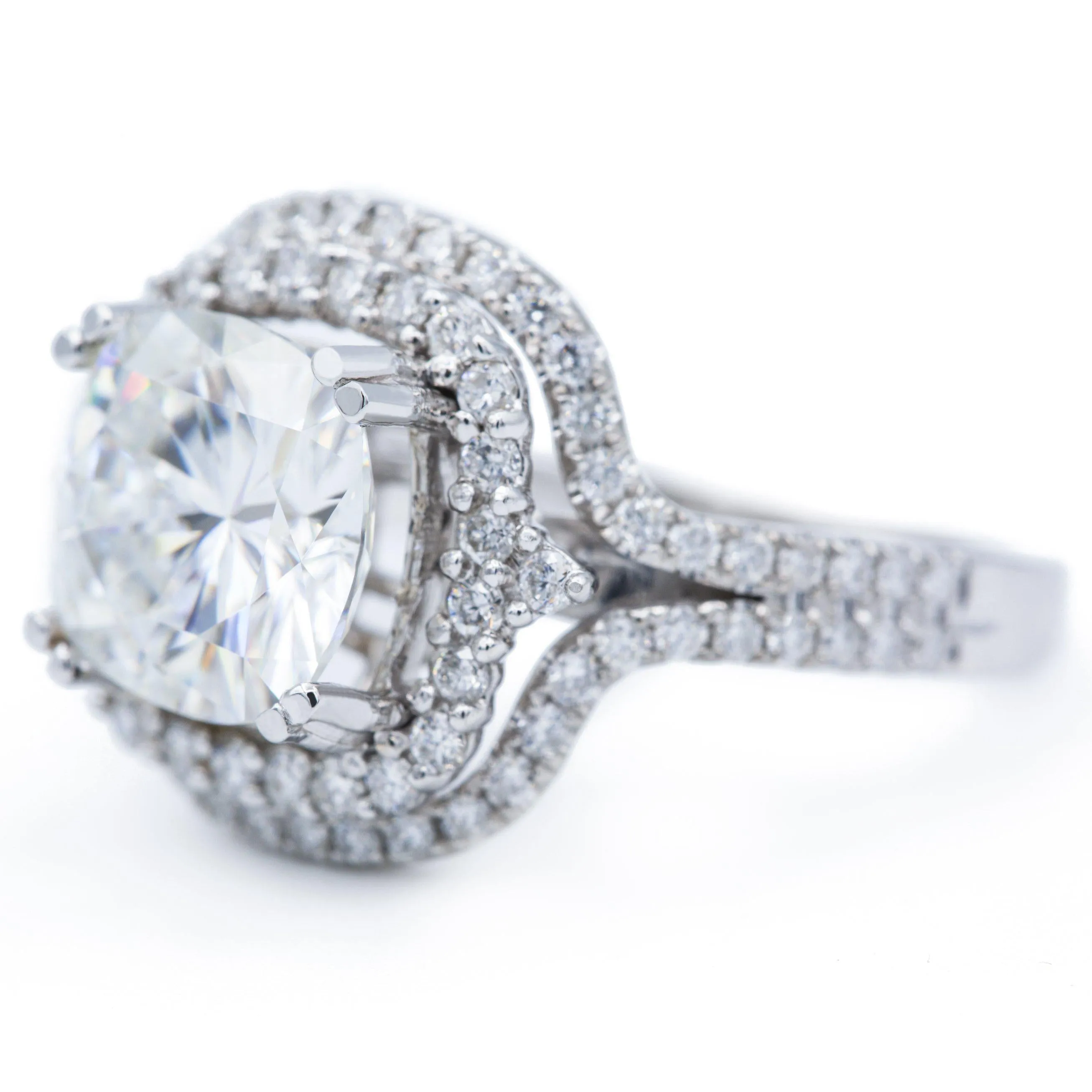 9mm Cushion Center 14K White Gold Double Halo and Diamond Row Ring