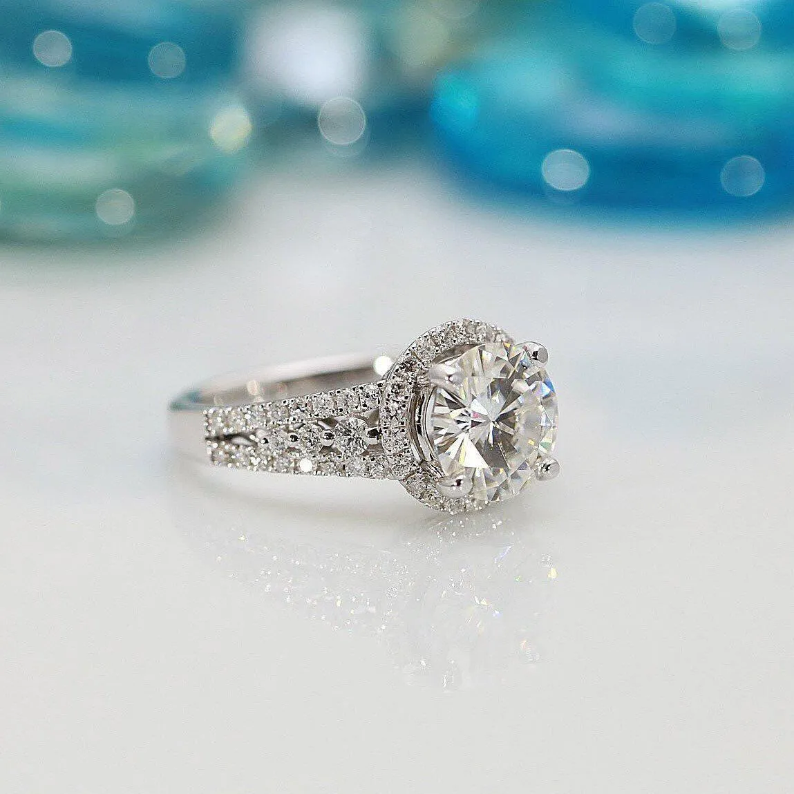9mm Round Center 14KW Thick Band with Diamond Shoulders and Halo Filigree Basket Design Ring