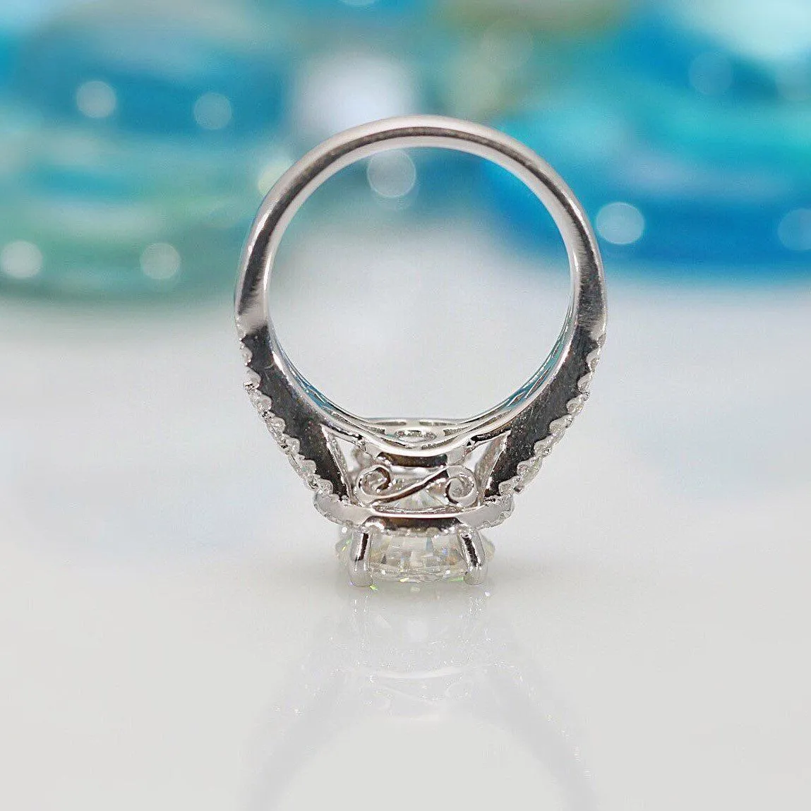 9mm Round Center 14KW Thick Band with Diamond Shoulders and Halo Filigree Basket Design Ring