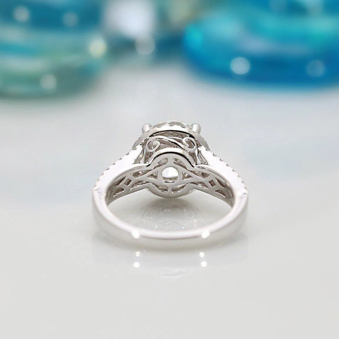 9mm Round Center 14KW Thick Band with Diamond Shoulders and Halo Filigree Basket Design Ring