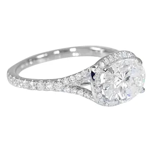 9x7mm Oval Center 14K White Gold Diamond East to West Diamond Halo Basket Design Ring