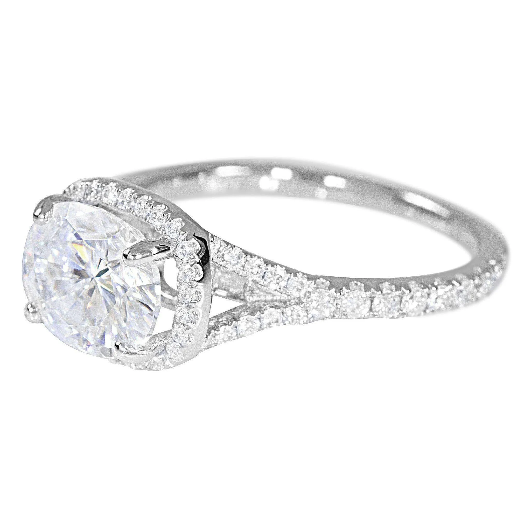 9x7mm Oval Center 14K White Gold Diamond East to West Diamond Halo Basket Design Ring