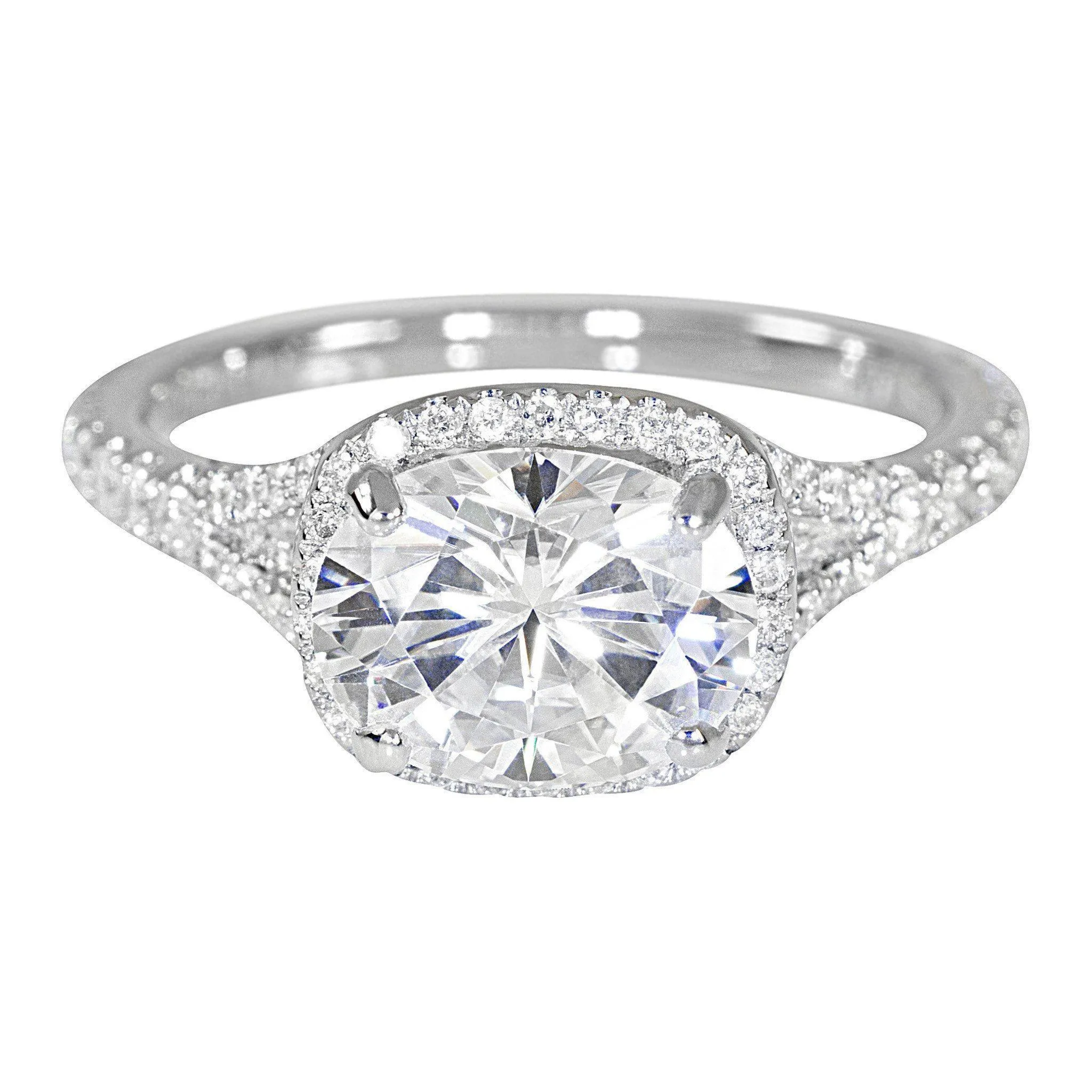 9x7mm Oval Center 14K White Gold Diamond East to West Diamond Halo Basket Design Ring