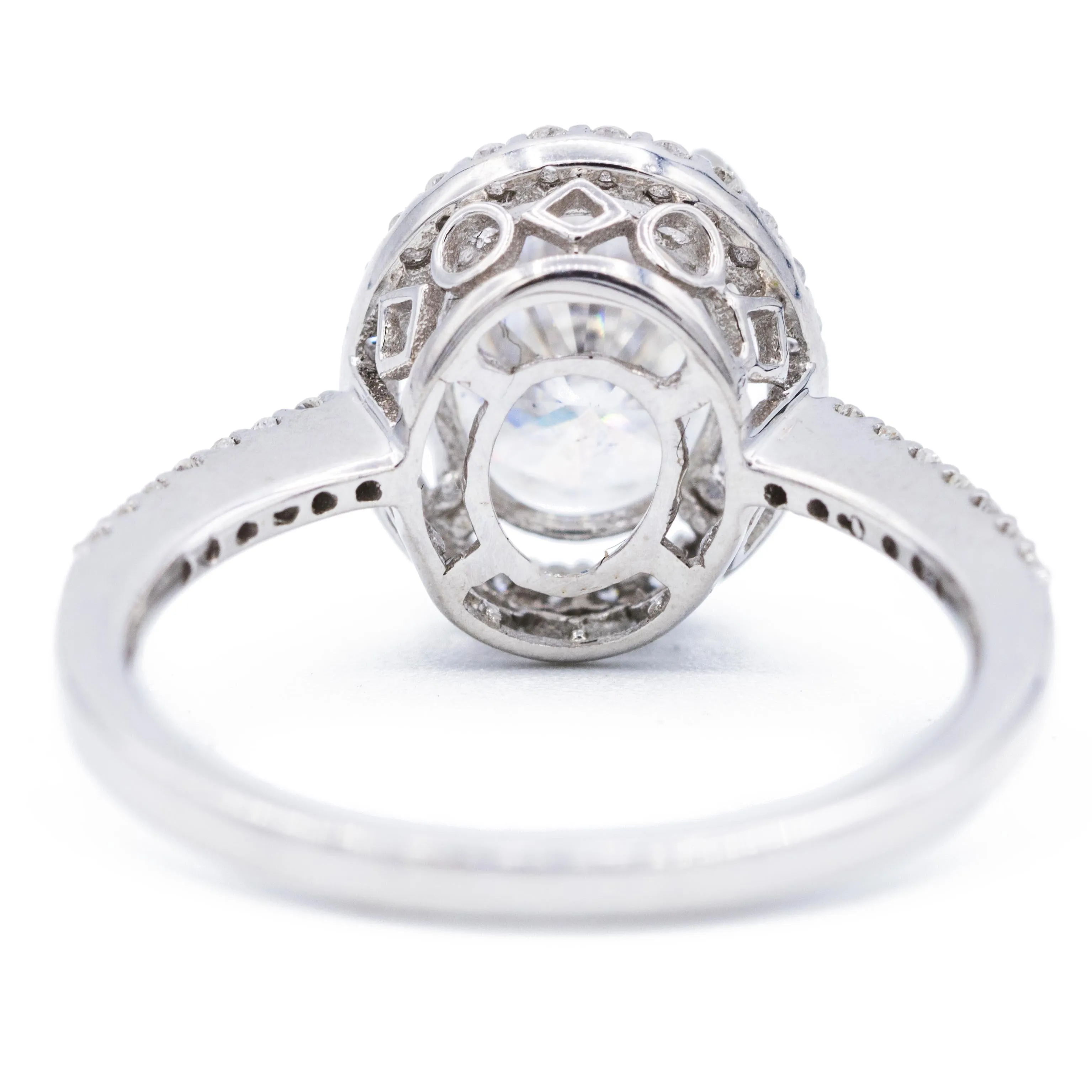 9x7mm Oval Center 14K White Gold Diamond Halo and Filigree Basket Design Ring
