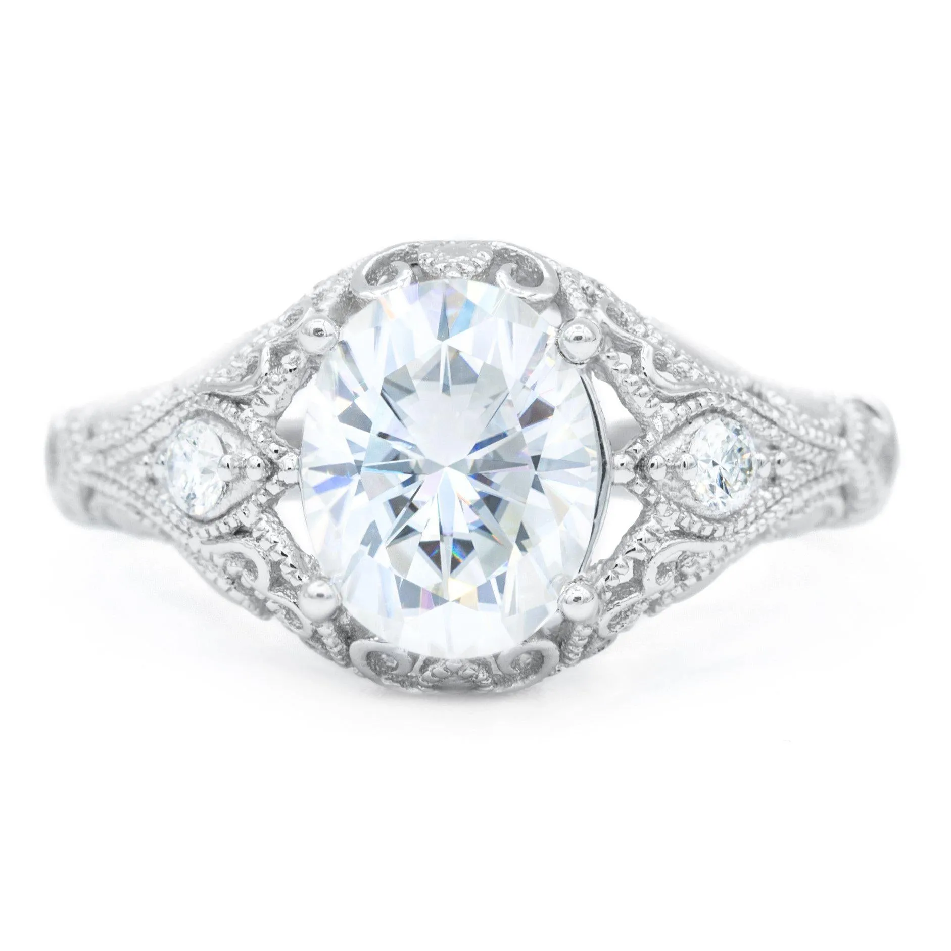 9x7mm Oval Center 14K White Gold Milgrain Design Diamond Accent Ring
