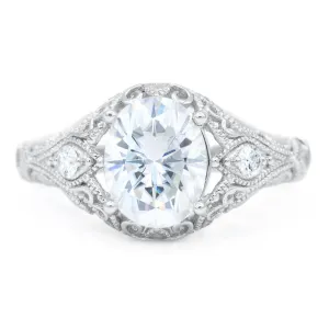 9x7mm Oval Center 14K White Gold Milgrain Design Diamond Accent Ring