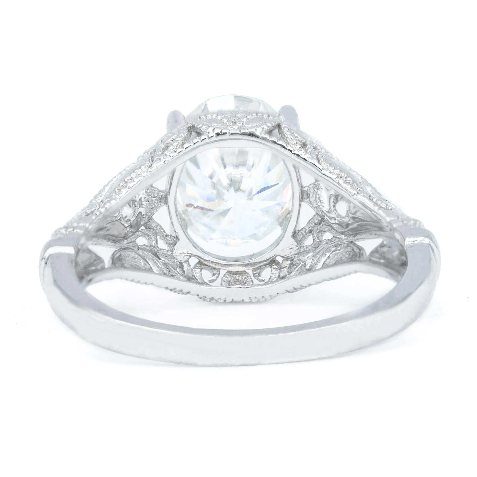 9x7mm Oval Center 14K White Gold Milgrain Design Diamond Accent Ring