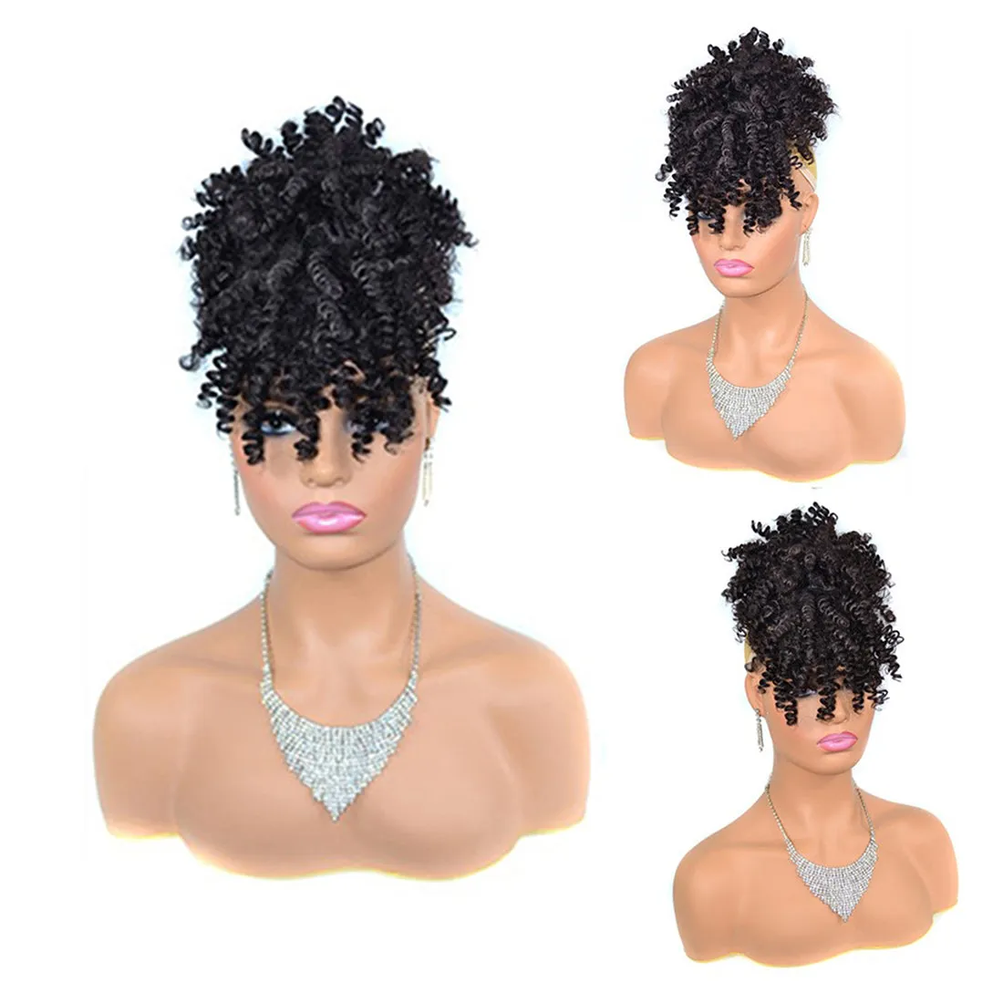 Afro High Puff Hair Bun Wig with Bangs Synthetic  Clip in on Wrap Updo Hair Extensions Afro Puff Drawstring Ponytail for Women