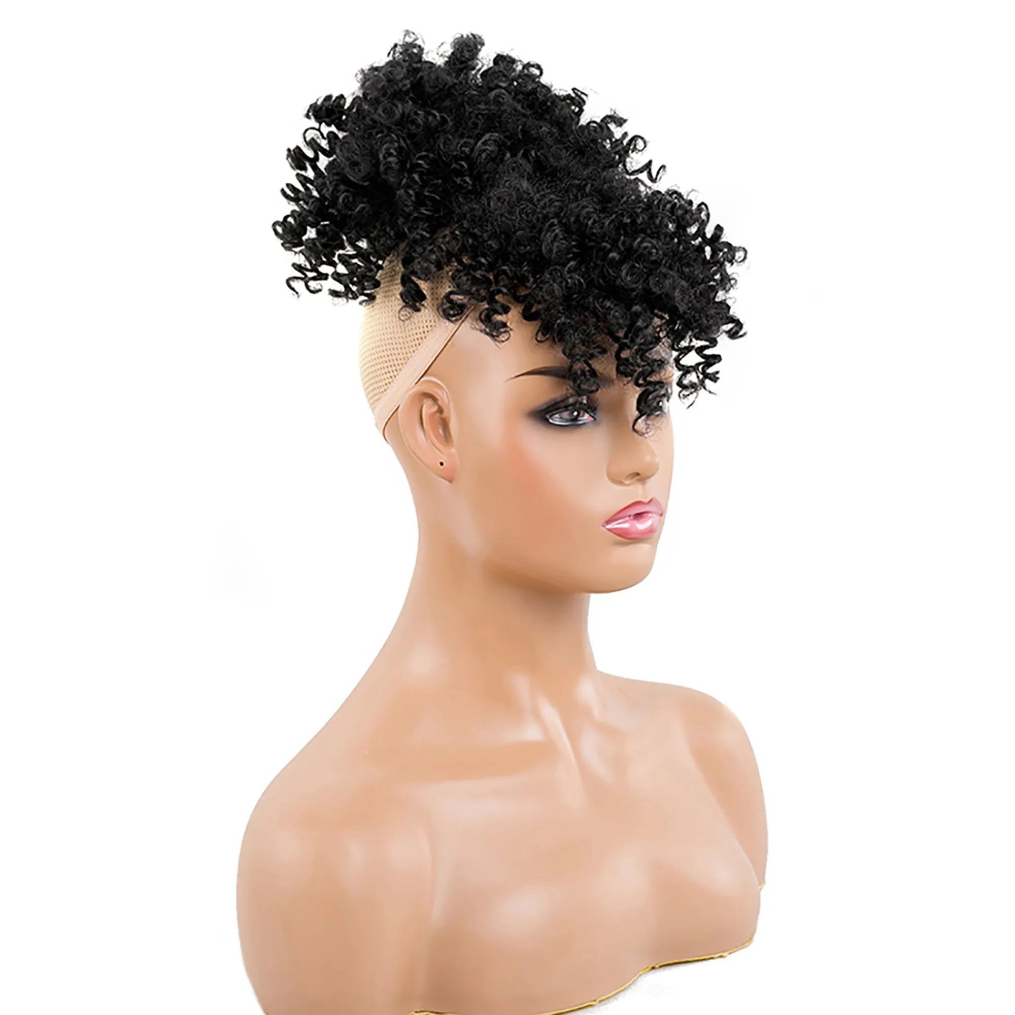 Afro High Puff Hair Bun Wig with Bangs Synthetic  Clip in on Wrap Updo Hair Extensions Afro Puff Drawstring Ponytail for Women