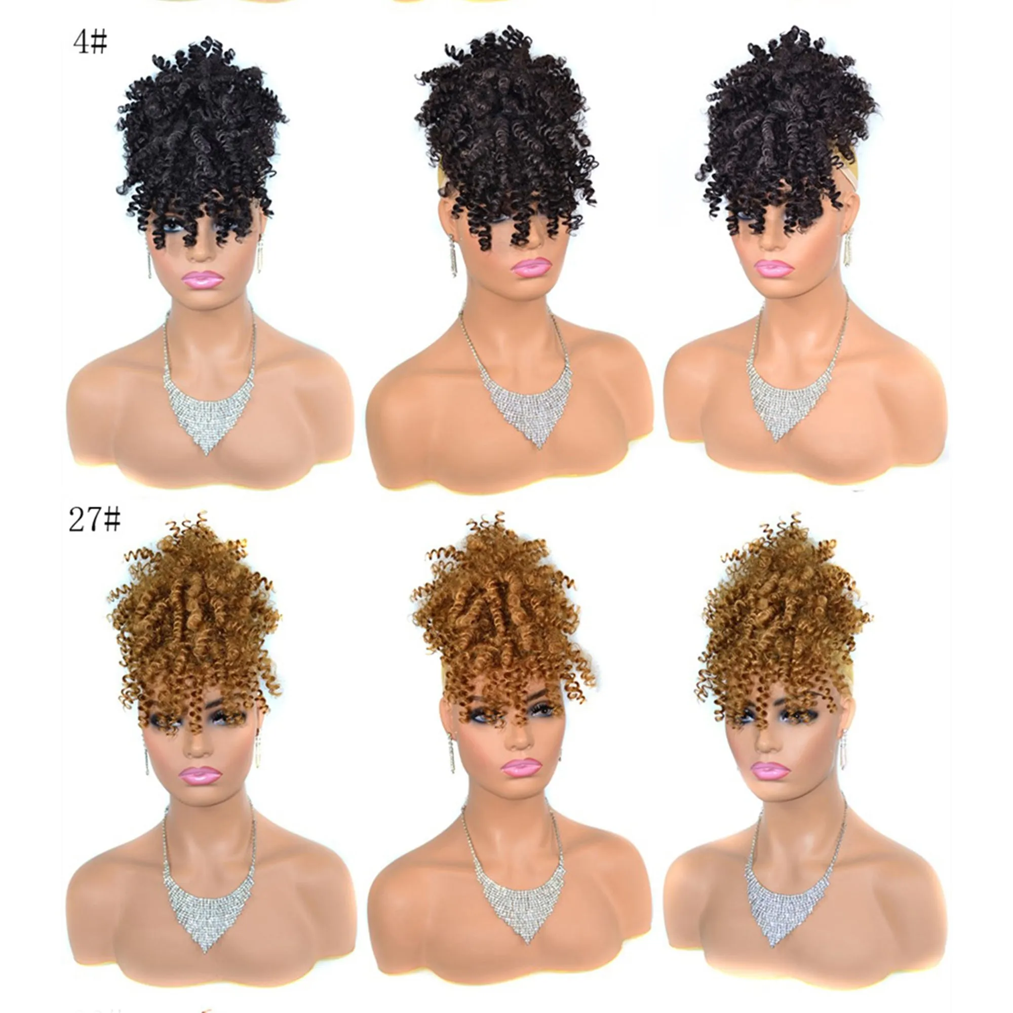 Afro High Puff Hair Bun Wig with Bangs Synthetic  Clip in on Wrap Updo Hair Extensions Afro Puff Drawstring Ponytail for Women