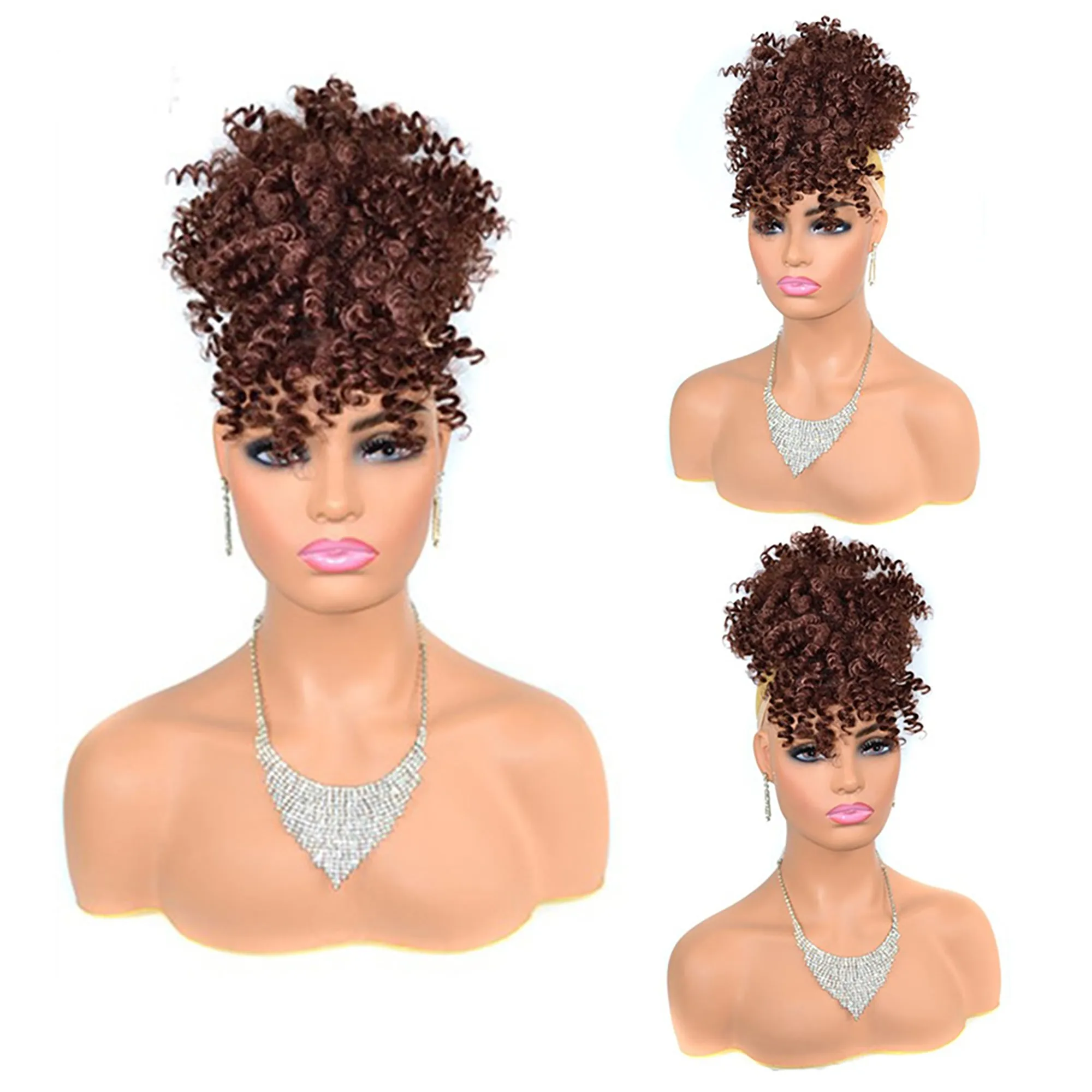 Afro High Puff Hair Bun Wig with Bangs Synthetic  Clip in on Wrap Updo Hair Extensions Afro Puff Drawstring Ponytail for Women