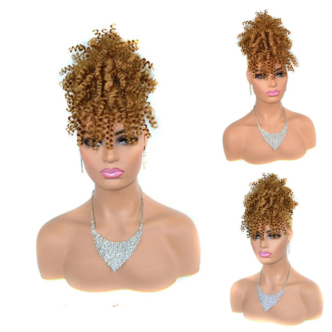 Afro High Puff Hair Bun Wig with Bangs Synthetic  Clip in on Wrap Updo Hair Extensions Afro Puff Drawstring Ponytail for Women