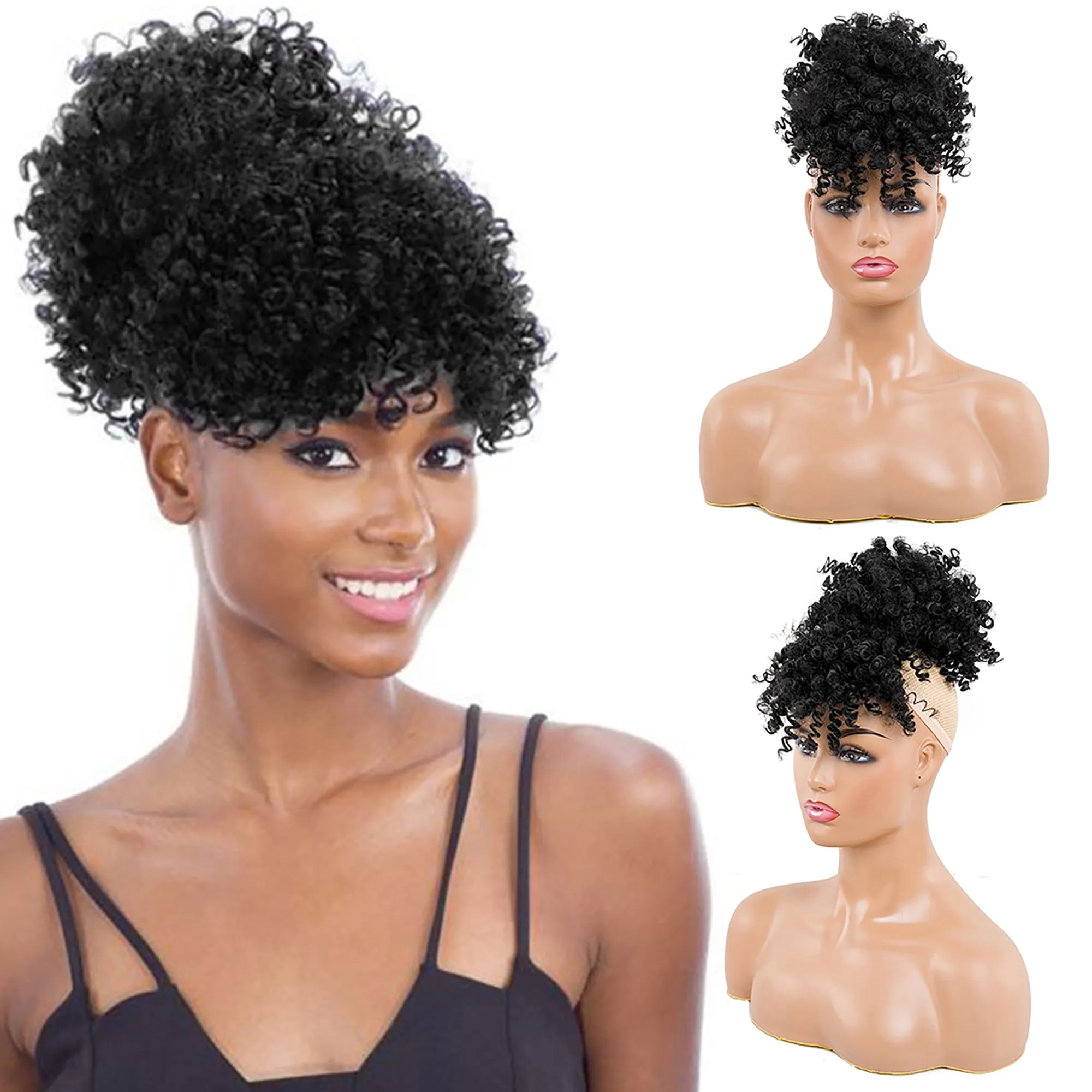 Afro High Puff Hair Bun Wig with Bangs Synthetic  Clip in on Wrap Updo Hair Extensions Afro Puff Drawstring Ponytail for Women
