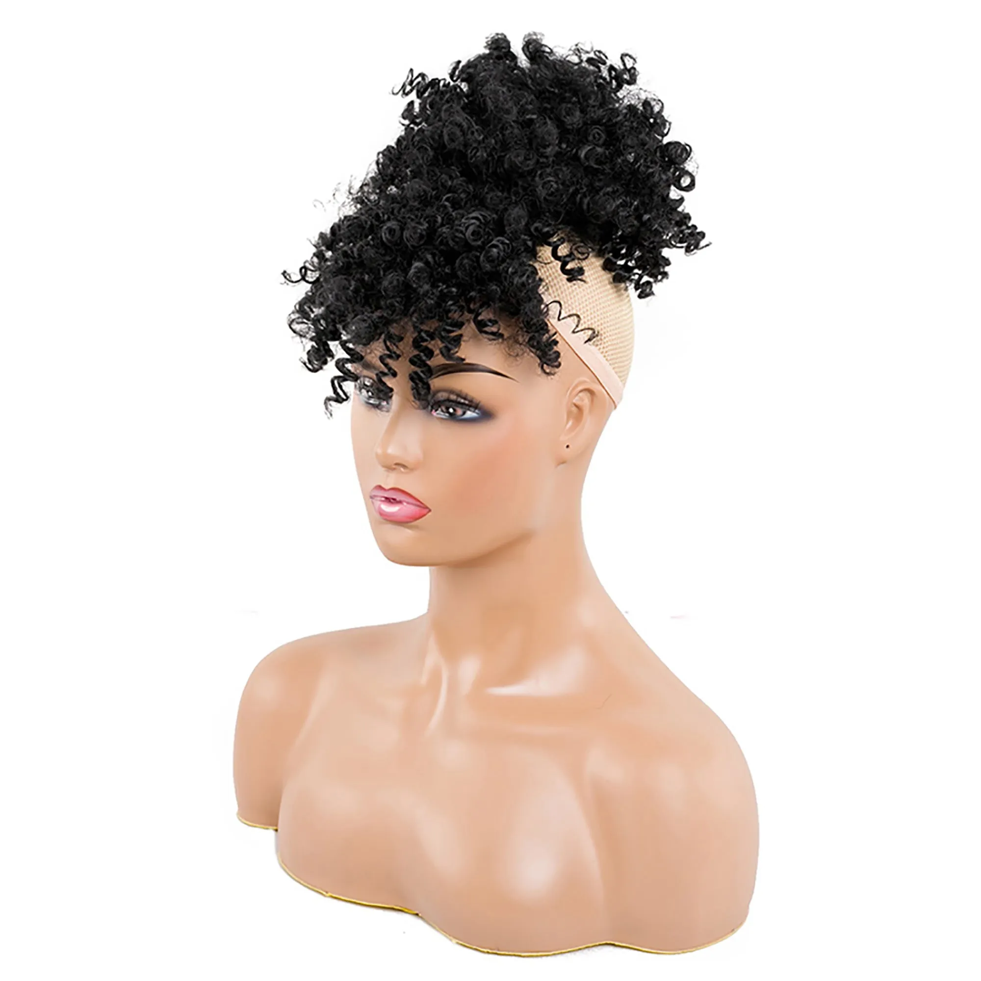Afro High Puff Hair Bun Wig with Bangs Synthetic  Clip in on Wrap Updo Hair Extensions Afro Puff Drawstring Ponytail for Women