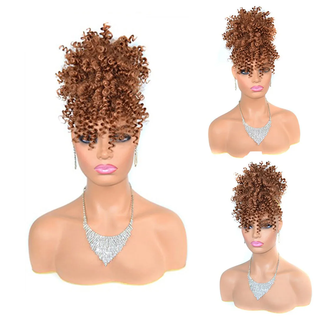 Afro High Puff Hair Bun Wig with Bangs Synthetic  Clip in on Wrap Updo Hair Extensions Afro Puff Drawstring Ponytail for Women