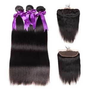 Alipop Hair Full Straight Hair 3 Bundles with Frontal 100% Unprocessed Virgin Hair Natural Color
