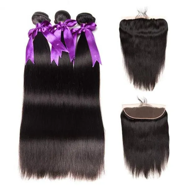 Alipop Hair Full Straight Hair 3 Bundles with Frontal 100% Unprocessed Virgin Hair Natural Color