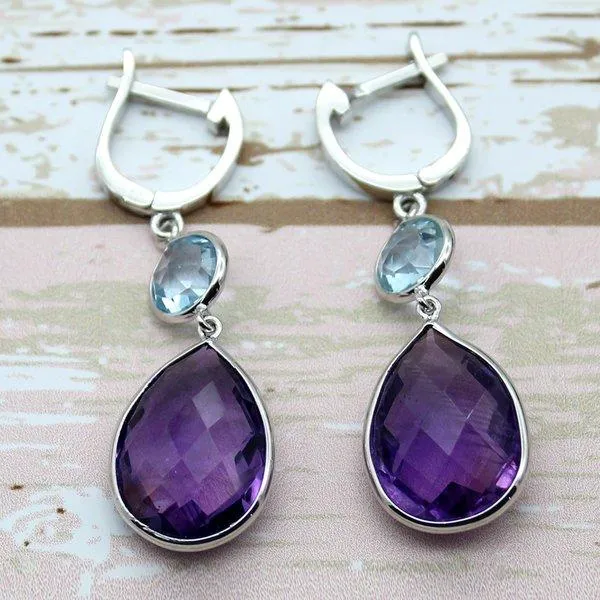 Amethyst Sky Blue Topaz Double Drop Dangling Earrings