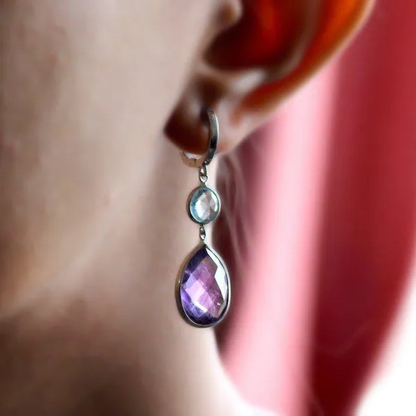 Amethyst Sky Blue Topaz Double Drop Dangling Earrings
